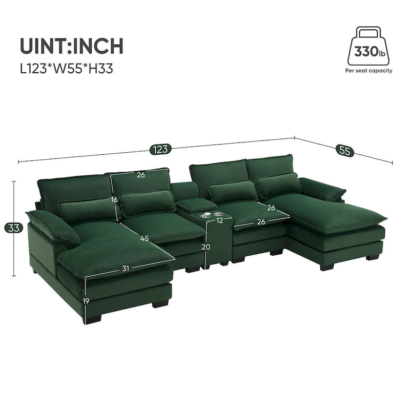 Divano a U 123*55 con console, portabicchieri e porte USB, set divano letto imbottito a 6 posti simmetrico con chaise longue