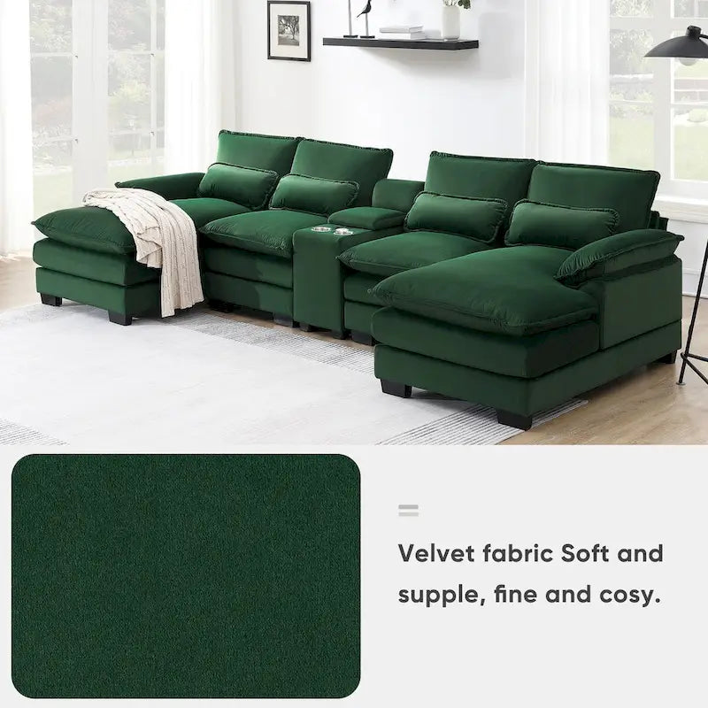 Divano a U 123*55 con console, portabicchieri e porte USB, set divano letto imbottito a 6 posti simmetrico con chaise longue