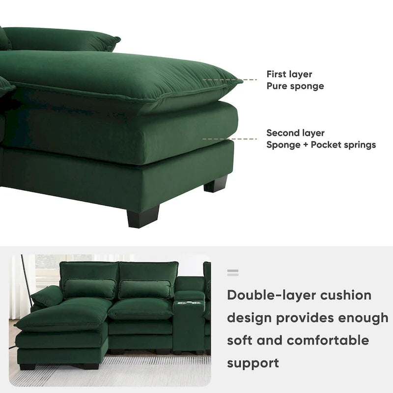 Divano a U 123*55 con console, portabicchieri e porte USB, set divano letto imbottito a 6 posti simmetrico con chaise longue