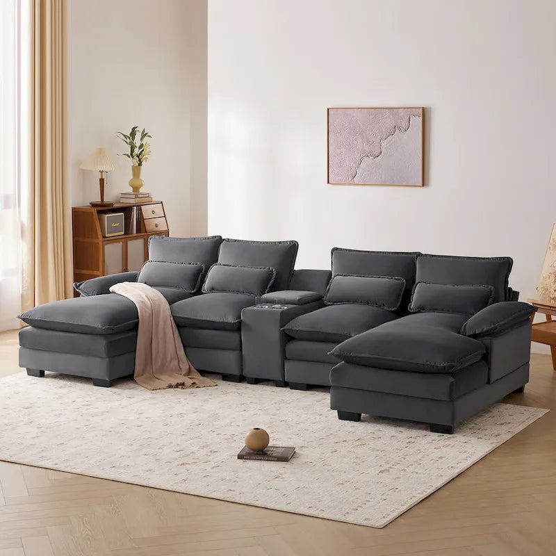 Divano a U 123*55 con console, portabicchieri e porte USB, set divano letto imbottito a 6 posti simmetrico con chaise longue