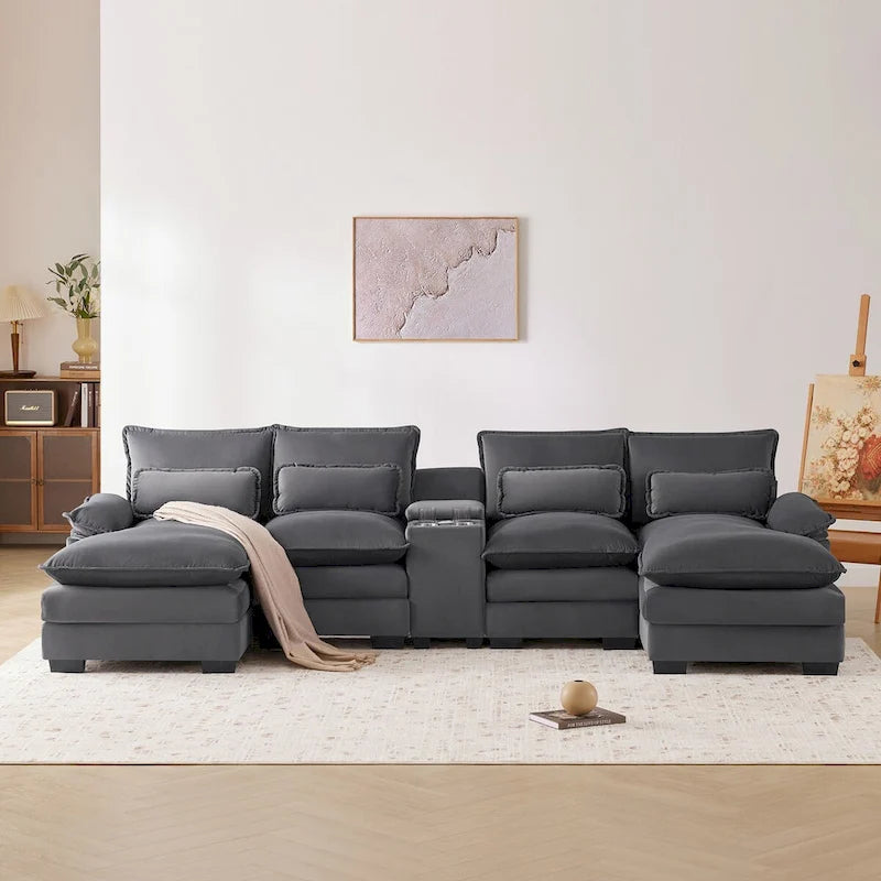 Divano a U 123*55 con console, portabicchieri e porte USB, set divano letto imbottito a 6 posti simmetrico con chaise longue