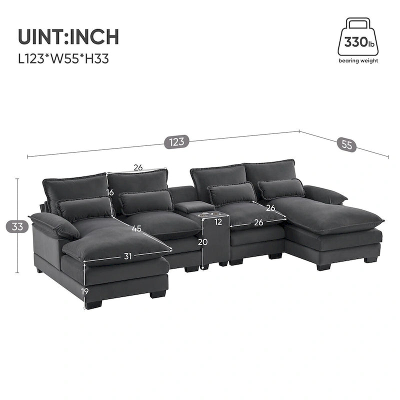 Divano a U 123*55 con console, portabicchieri e porte USB, set divano letto imbottito a 6 posti simmetrico con chaise longue