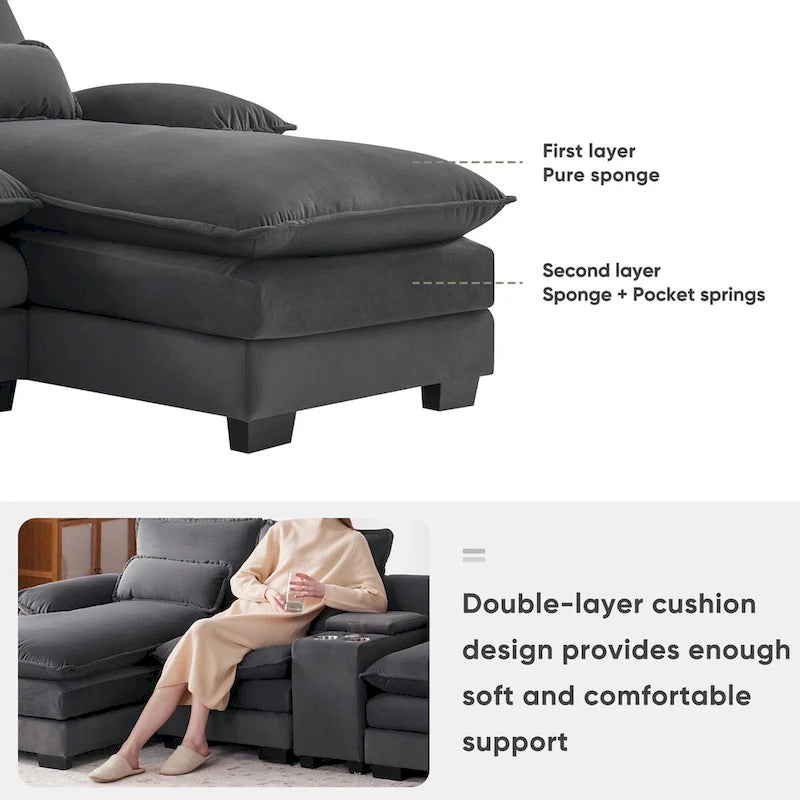 Divano a U 123*55 con console, portabicchieri e porte USB, set divano letto imbottito a 6 posti simmetrico con chaise longue