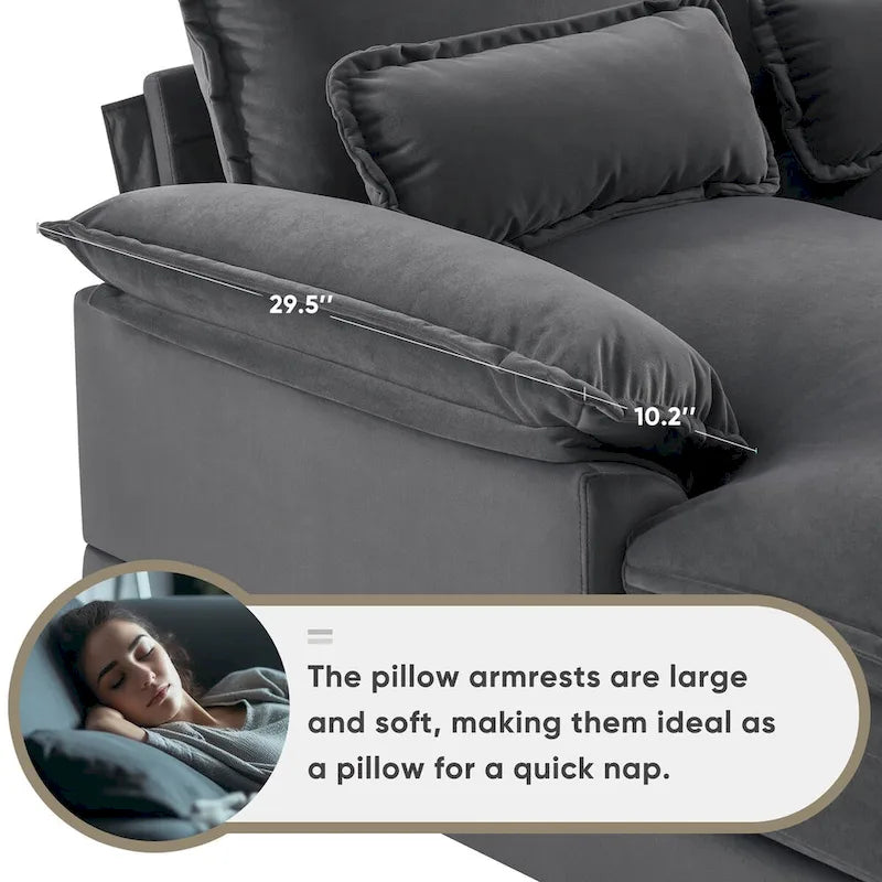 Divano a U 123*55 con console, portabicchieri e porte USB, set divano letto imbottito a 6 posti simmetrico con chaise longue