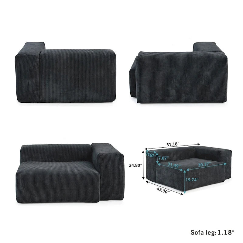 Modern 3-piece Sofa Set with Chaise Ottoman,Corduroy Modular Sectional Couch For Living Room