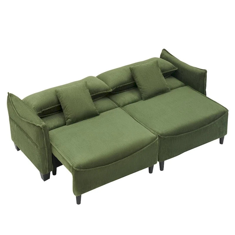 2345 Tessuto a Coste Verde, Divano Trasformabile in Divano Letto con Due Cuscini Decorativi
