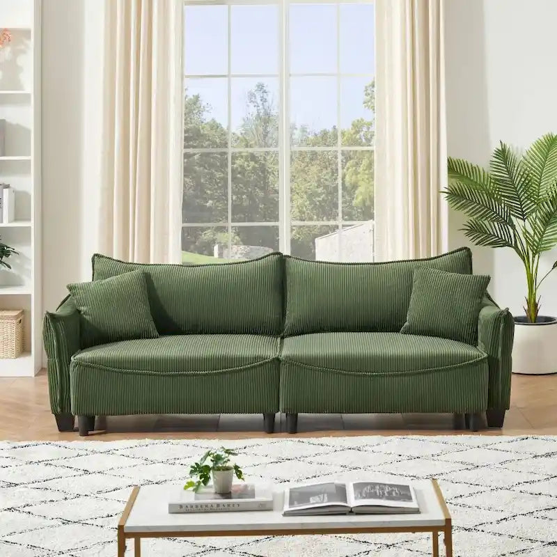 2345 Tessuto a Coste Verde, Divano Trasformabile in Divano Letto con Due Cuscini Decorativi