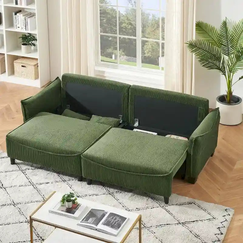2345 Tessuto a Coste Verde, Divano Trasformabile in Divano Letto con Due Cuscini Decorativi