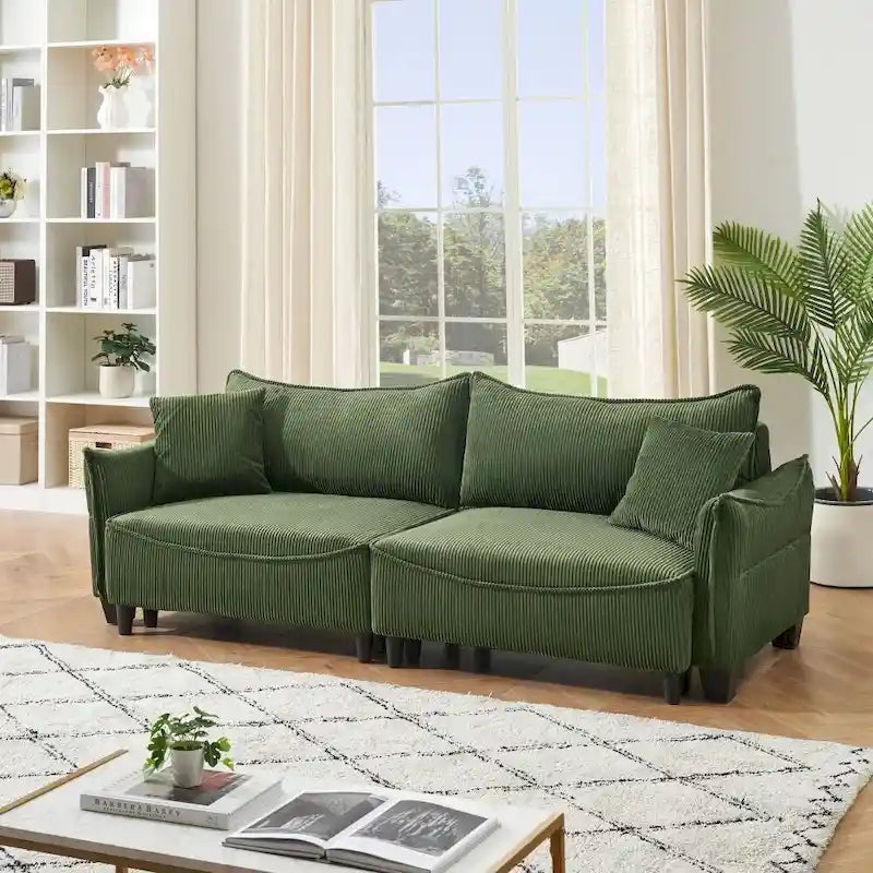 2345 Tessuto a Coste Verde, Divano Trasformabile in Divano Letto con Due Cuscini Decorativi