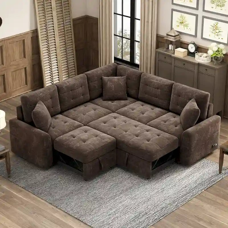 L-shape Pull-out Sleeper Sofa with Wheels, USB Ports and Power Sockets