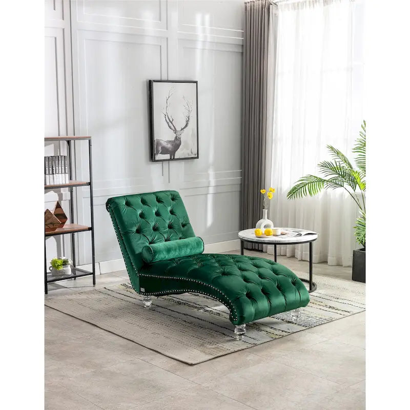 Leisure Concubine Sofa with Acrylic Feet, Traditional Chaise Velvet Barrel Sofa with Lumbar Support Pillow for Living Room