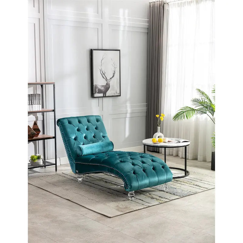 Leisure Concubine Sofa with Acrylic Feet, Traditional Chaise Velvet Barrel Sofa with Lumbar Support Pillow for Living Room