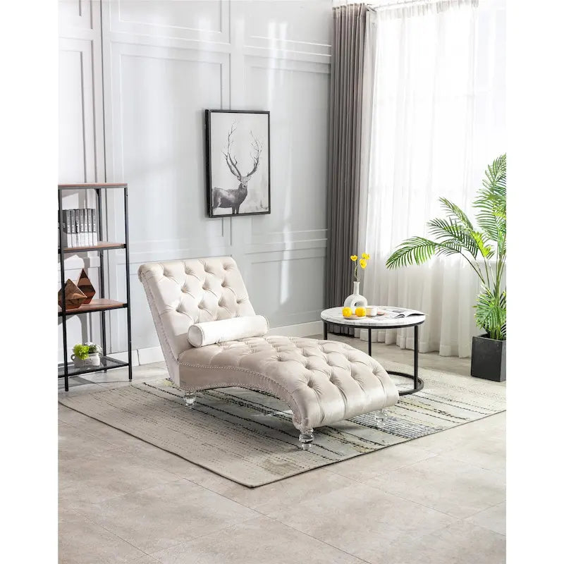 Leisure Concubine Sofa with Acrylic Feet, Traditional Chaise Velvet Barrel Sofa with Lumbar Support Pillow for Living Room