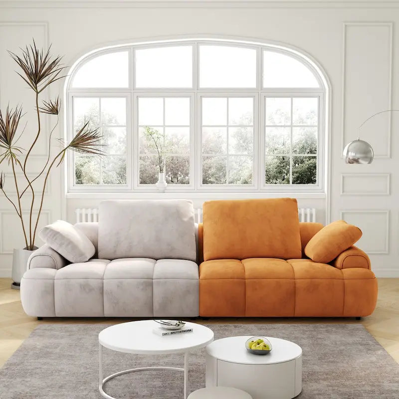 Divano moderno imbottito oversize in velluto Ouyessir con tessuto scamosciato beige e giallo