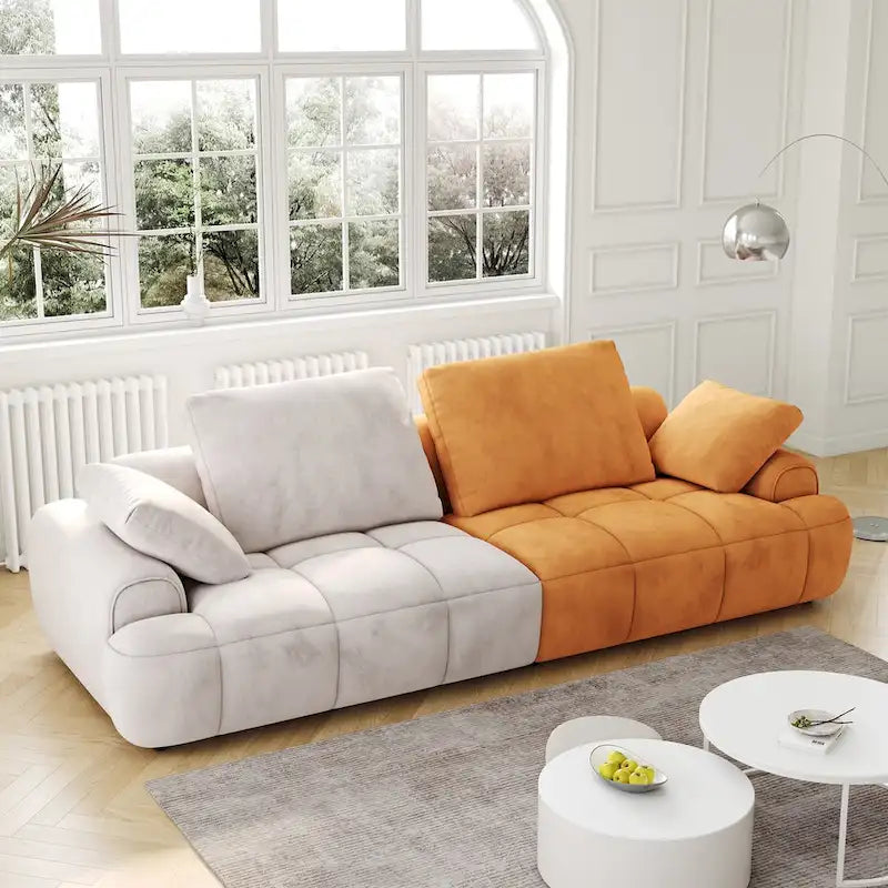 Divano moderno imbottito oversize in velluto Ouyessir con tessuto scamosciato beige e giallo