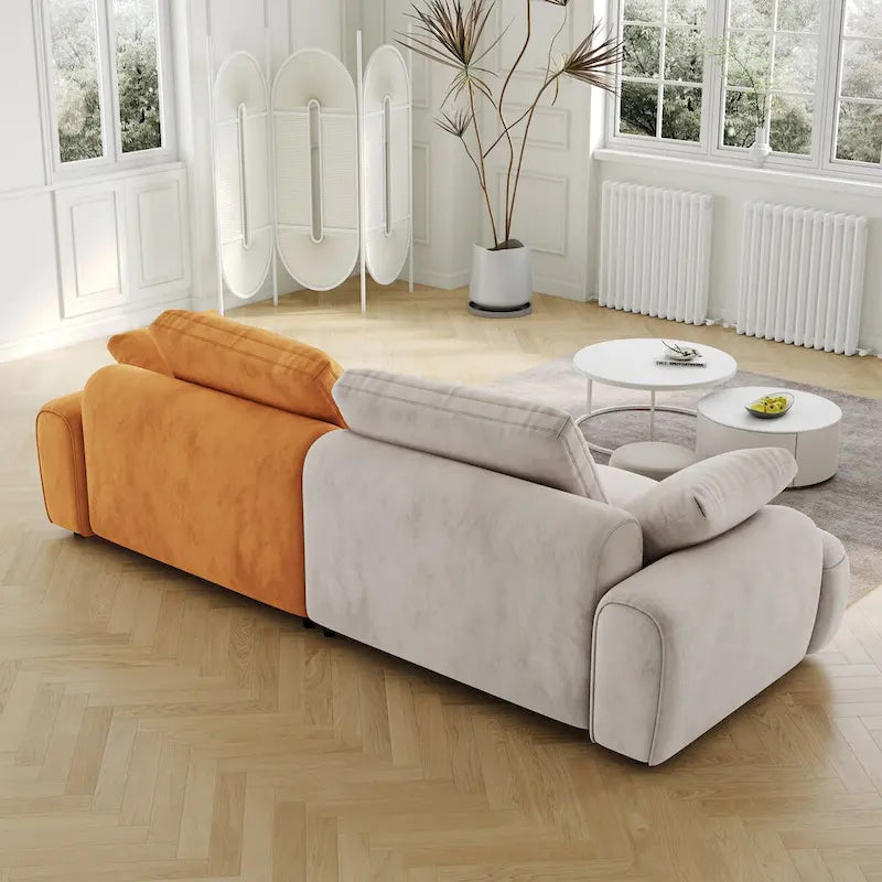 Divano moderno imbottito oversize in velluto Ouyessir con tessuto scamosciato beige e giallo