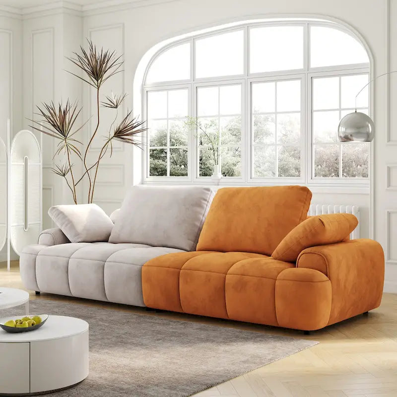 Divano moderno imbottito oversize in velluto Ouyessir con tessuto scamosciato beige e giallo
