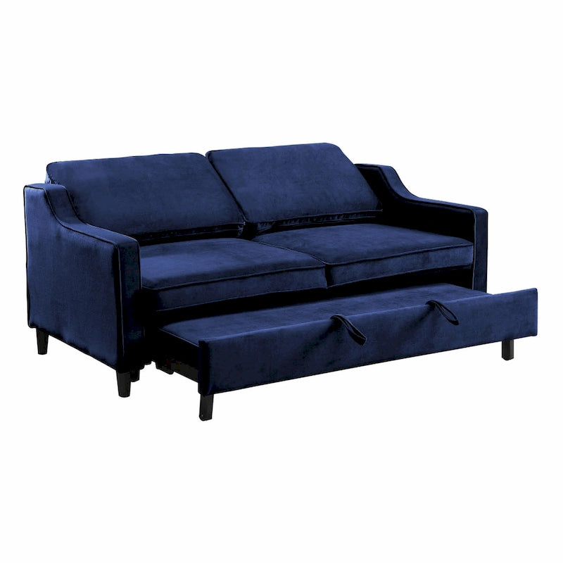 Divano letto Katy da 183 cm, trasformabile, in velluto blu e legno massiccio