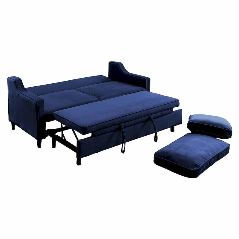 Divano letto Katy da 183 cm, trasformabile, in velluto blu e legno massiccio