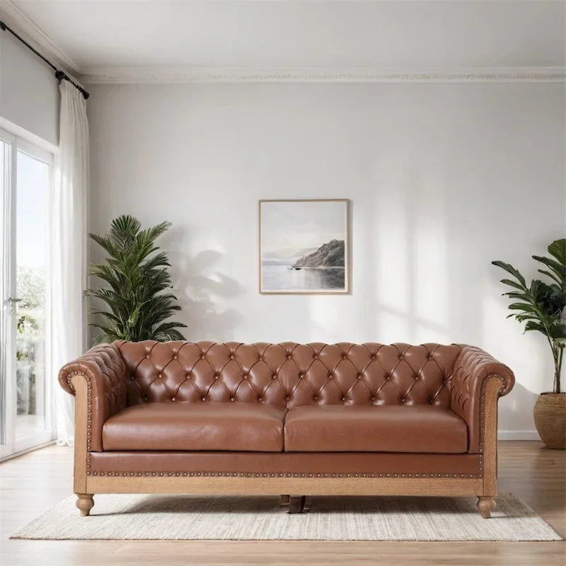 Retro 3-zitsbank van PU met houten frame en poten