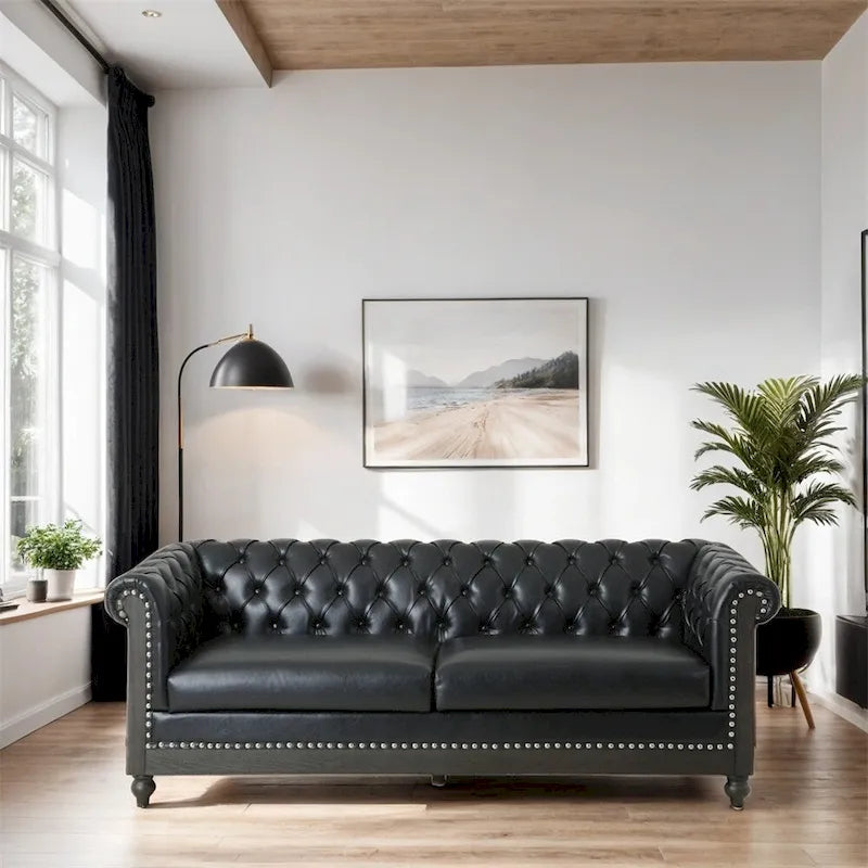 Retro 3-zitsbank van PU met houten frame en poten