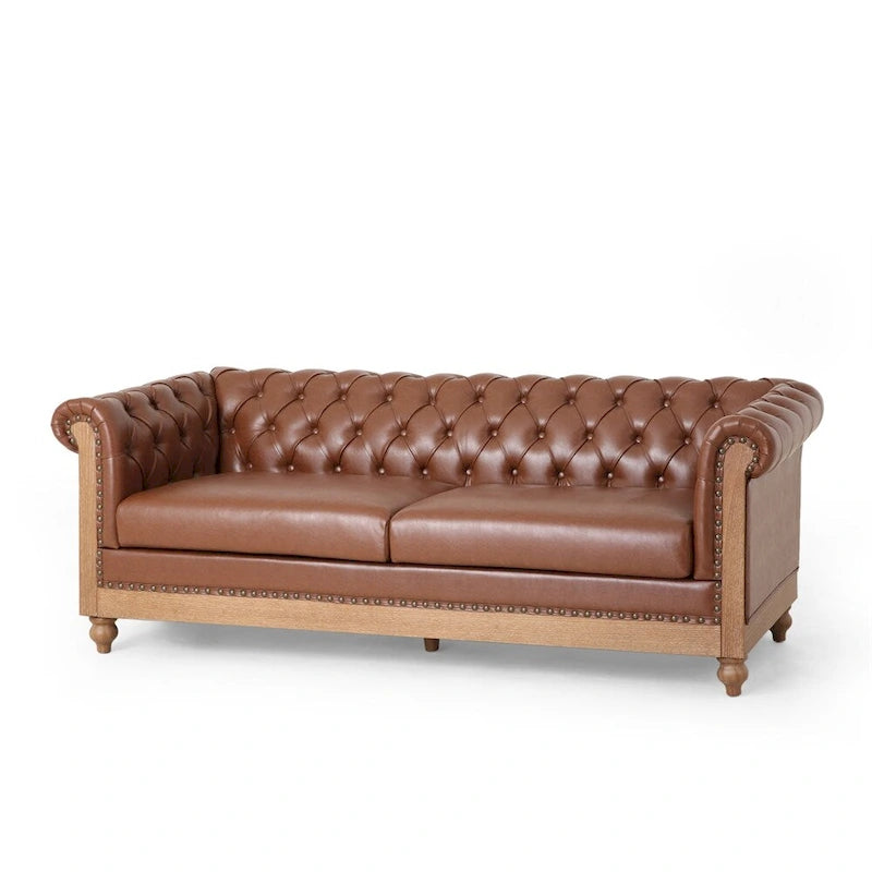 Retro 3 Seat PU Sofa with Wooden Frame and Legs