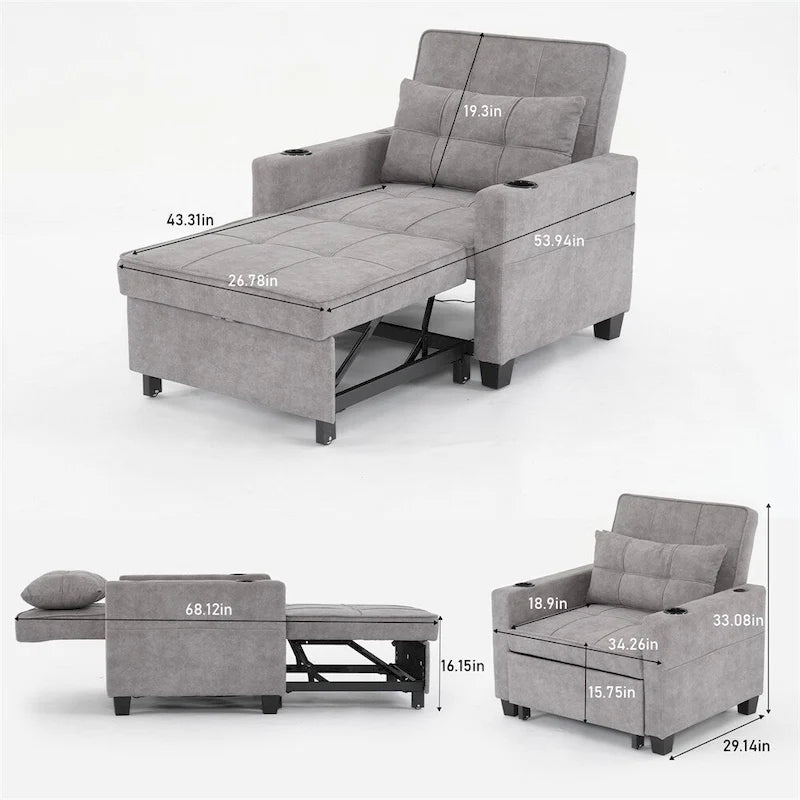Poltrona convertibile futon estraibile 3-in-1 con porte USB