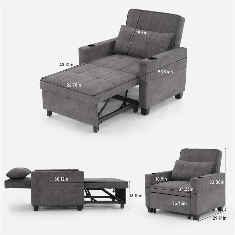 Poltrona convertibile futon estraibile 3-in-1 con porte USB