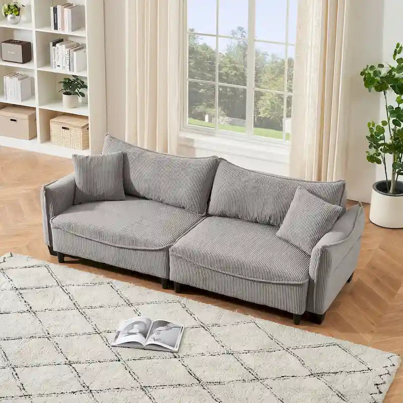 Corduroy fabric sofa with 2 throw pillows