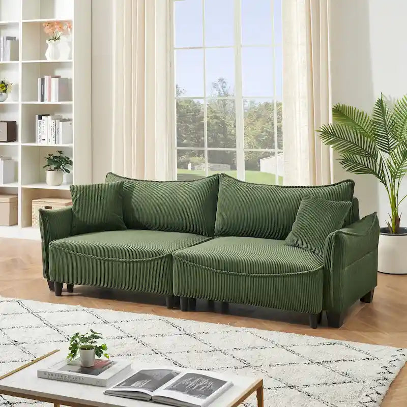 Corduroy fabric sofa with 2 throw pillows