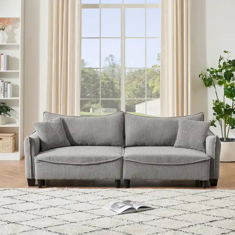 Corduroy fabric sofa with 2 throw pillows