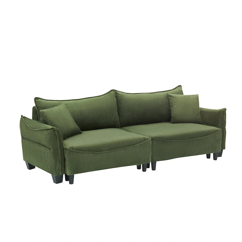 Corduroy fabric sofa with 2 throw pillows