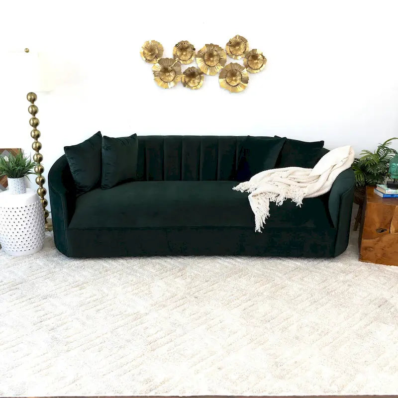 Kanter Modern Japandi Style Tight Back Velvet Couch in Green