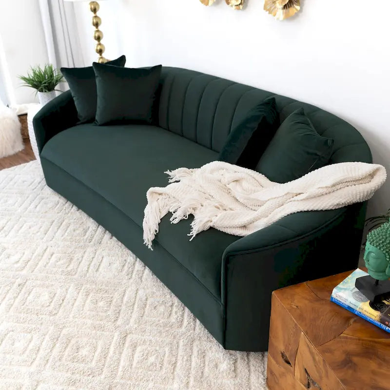 Kanter Modern Japandi Style Tight Back Velvet Couch in Green