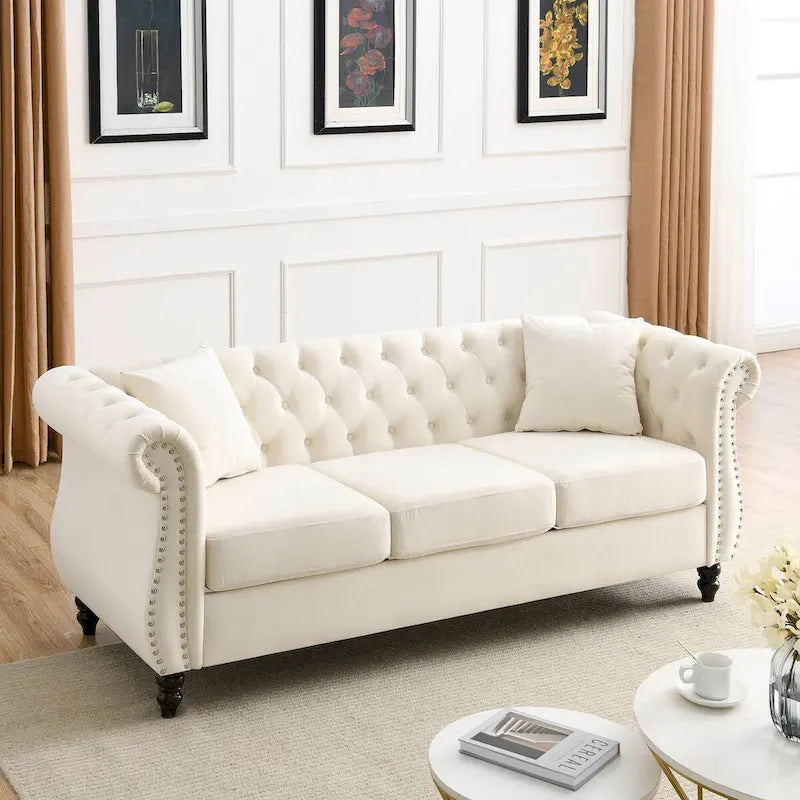 Beige Velvet Chesterfield 3 Seater Sofa, Rolled Arms, Nailhead Trim