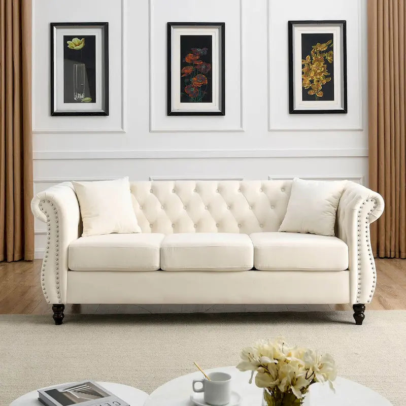 Beige Velvet Chesterfield 3 Seater Sofa, Rolled Arms, Nailhead Trim