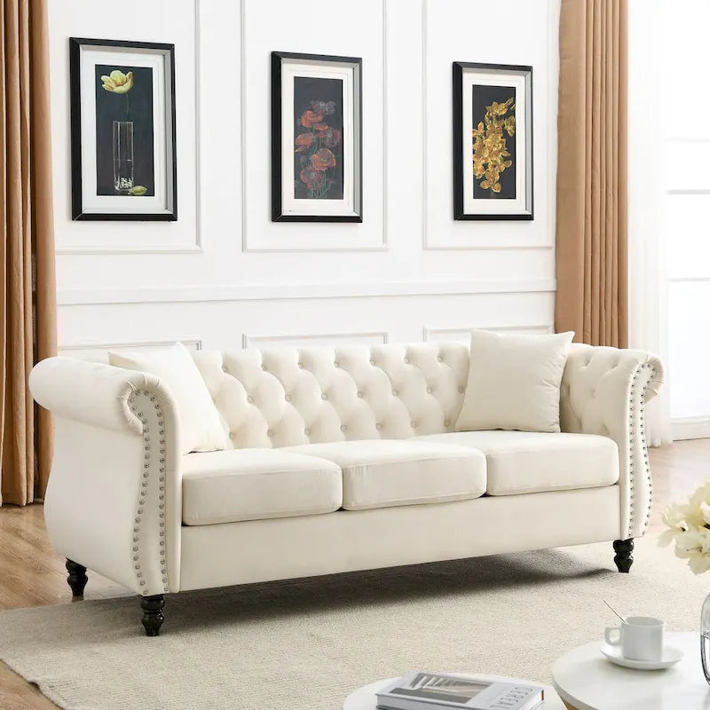 Beige Velvet Chesterfield 3 Seater Sofa, Rolled Arms, Nailhead Trim
