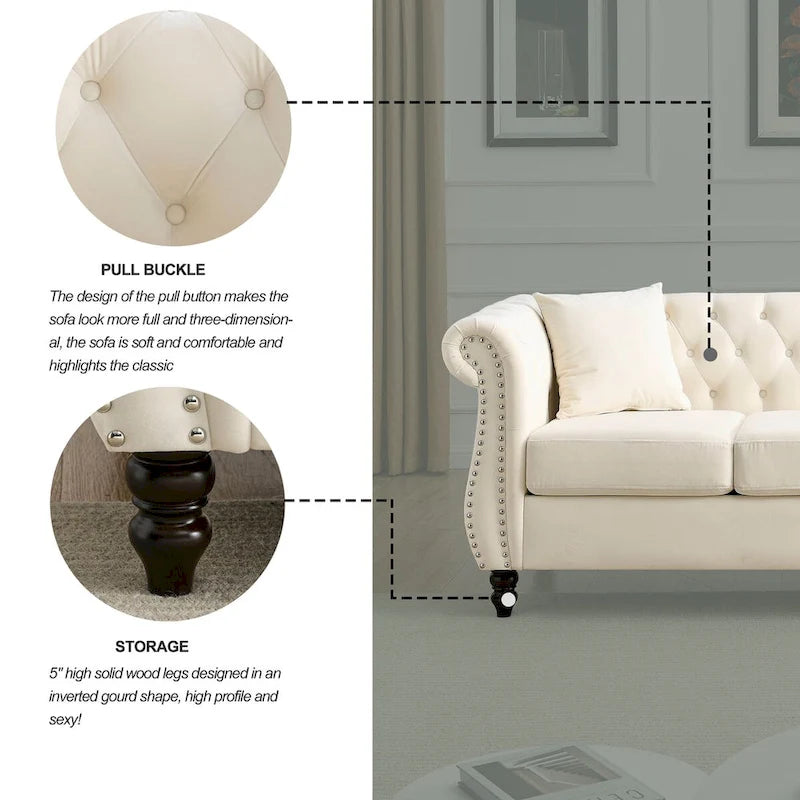Beige Velvet Chesterfield 3 Seater Sofa, Rolled Arms, Nailhead Trim