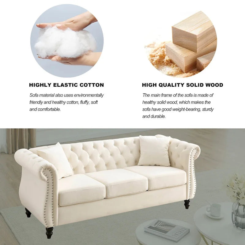 Beige Velvet Chesterfield 3 Seater Sofa, Rolled Arms, Nailhead Trim