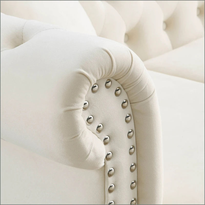 Beige Velvet Chesterfield 3 Seater Sofa, Rolled Arms, Nailhead Trim