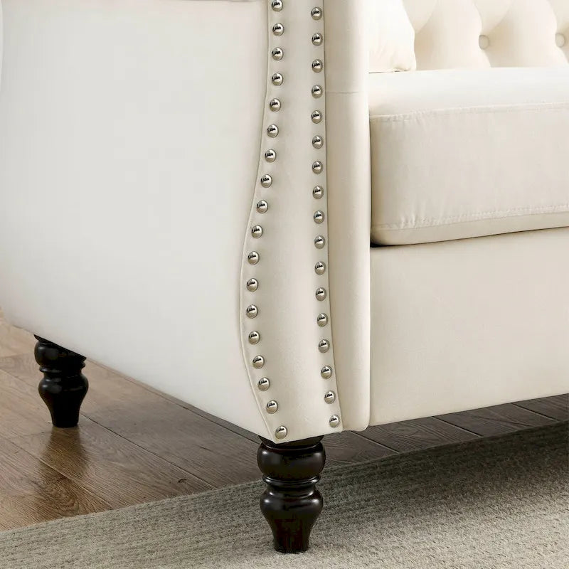 Beige Velvet Chesterfield 3 Seater Sofa, Rolled Arms, Nailhead Trim