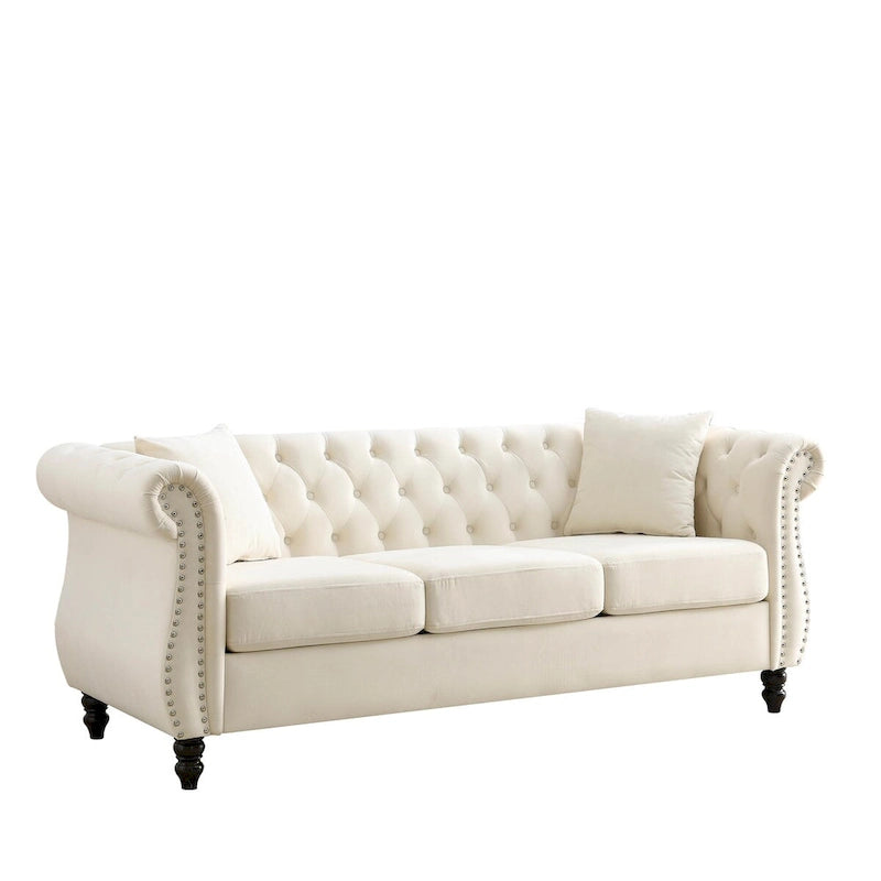 Beige Velvet Chesterfield 3 Seater Sofa, Rolled Arms, Nailhead Trim