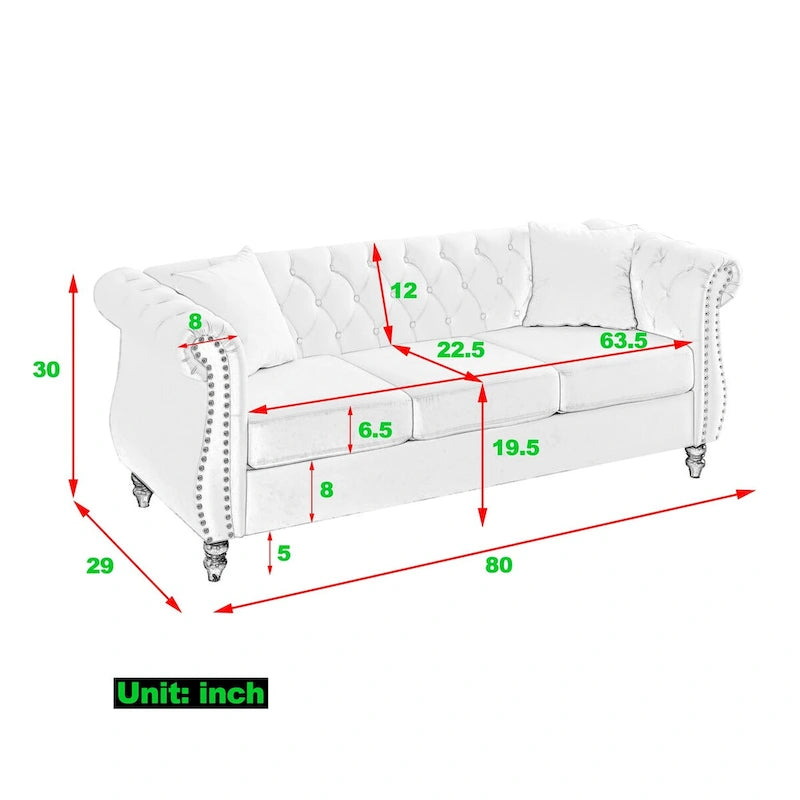 Beige Velvet Chesterfield 3 Seater Sofa, Rolled Arms, Nailhead Trim
