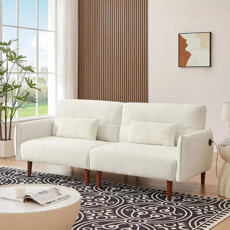 Convertible Futon Sofa Bed, Adjustable Couch Sleeper, Couch Corduroy Fabric Comfy Sofa bed with Wooden Legs & 2 Pillows