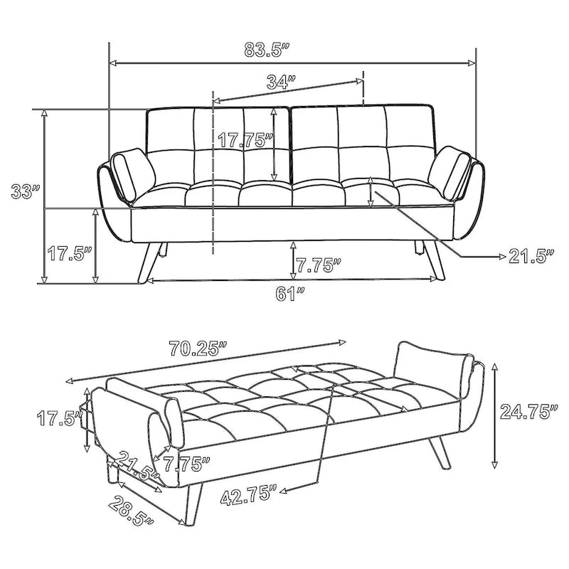 Divano-Letto Kori da 84 Pollici con Schienale Trapuntato, Gambe Angolate, Tessuto Grigio
