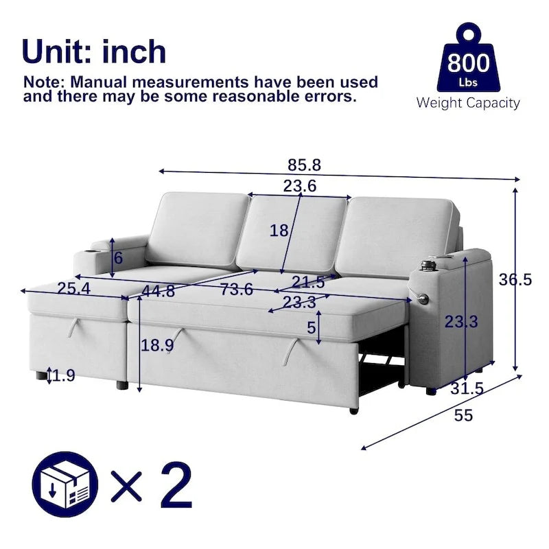 Sofa Sleeper with Pull Out Bed with Charging Port
