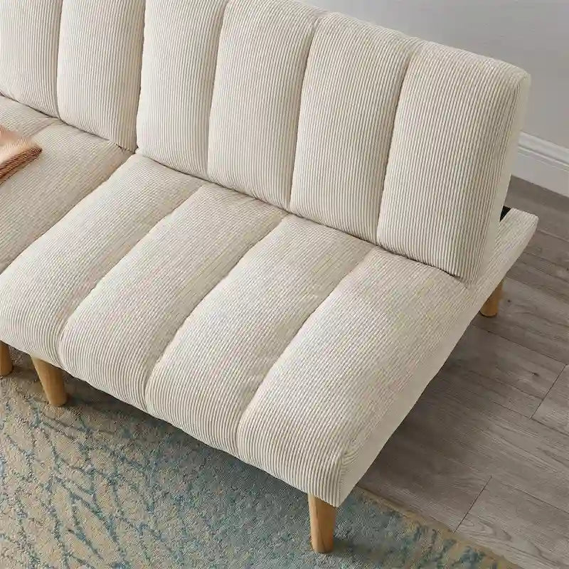 Divano Letto Convertibile in Tessuto a Coste con Gambe in Legno