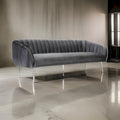 Decy 74 Inch Sofa, Channel Stitched, Cushioned Seat, Gray Velvet, Silver