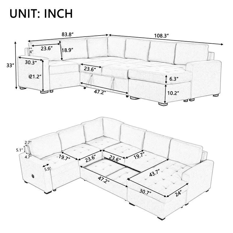 L-Shaped Corner Combination Sofa with Ottoman,USB and Type-C Interfaces
