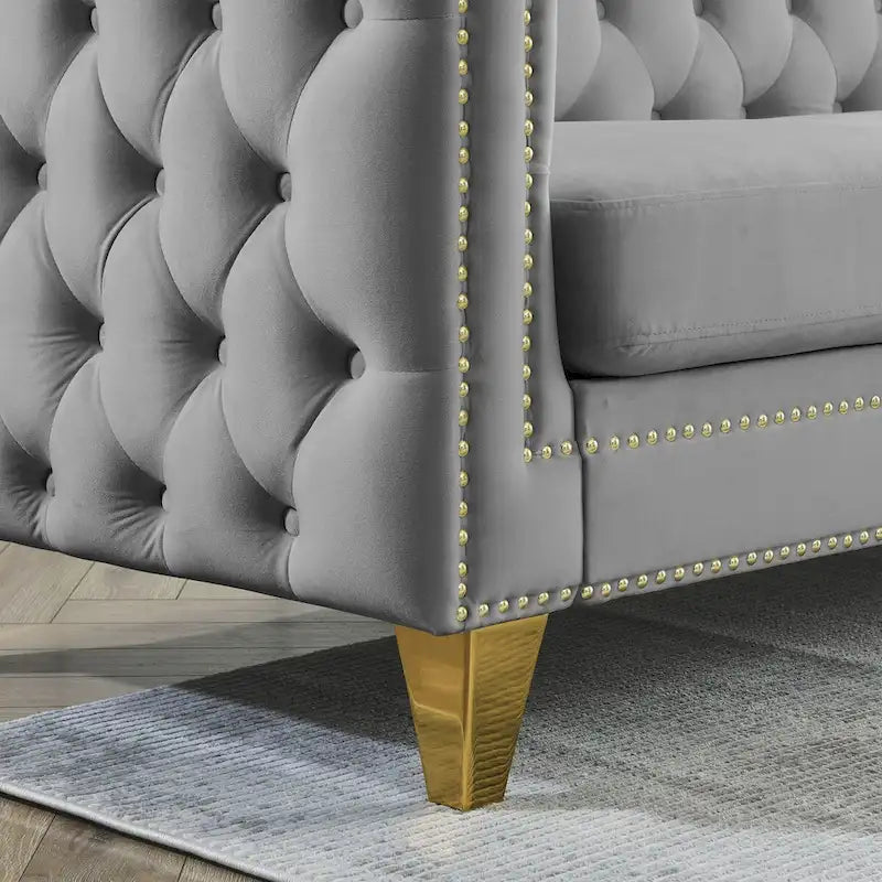 Velvet Sofa for Living Room,Buttons Tufted Square Arm Couch, Modern Couch Upholstered Button and Metal Legs